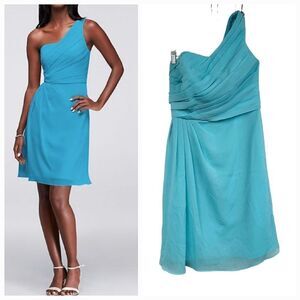 David's Bridal Aqua Crinkle Chiffon One Shoulder Short Bridesmaid Prom Dress 6